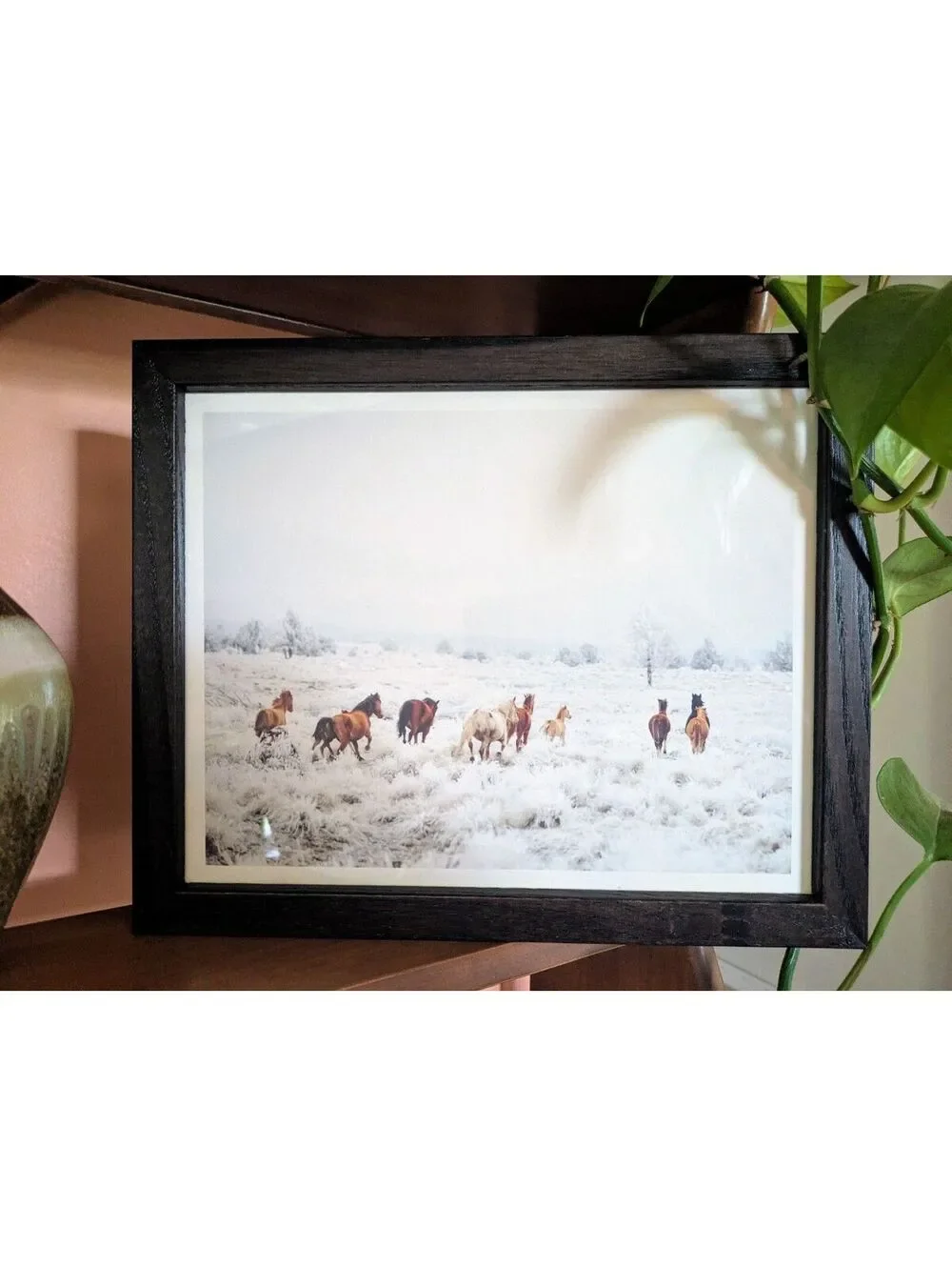 Wild Horses Running in a snowy meadow, framed art print by Kevin Russ
